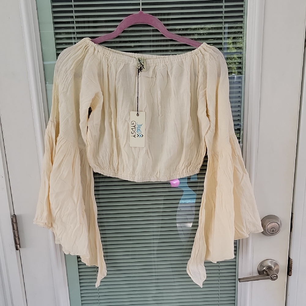 Jaded Gypsy Cream Off-Shoulder Cotton Cropped Top OS Fits Most